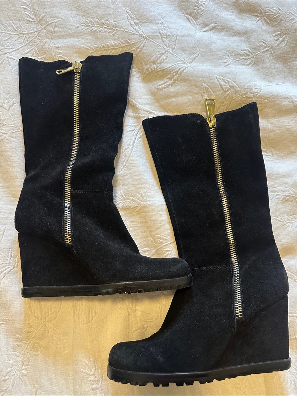 Black Suede Wedge Mid-Calf Boots with Gold Zipper